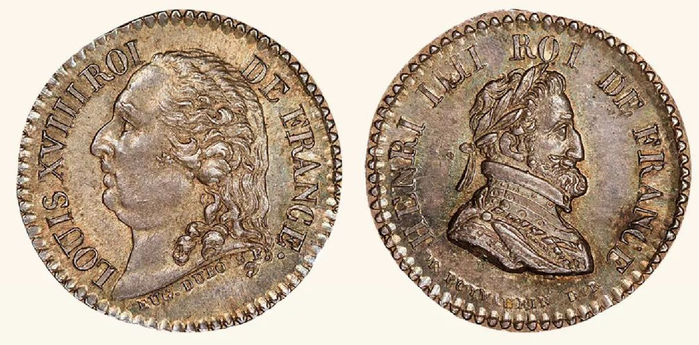 1818年法国路易十八亨利四世双面人像纯银纪念章 评级等级 PCGS MS65 证书编号：45510155